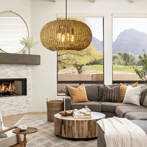 Large 22.83 Inch Rattan Boho Chandelier With Hand Woven Wicker, 4 Light Pendant Ceiling Fixture in stylish living room setting