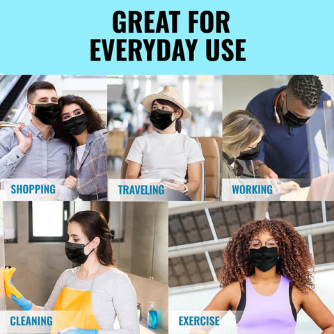 Premium Black Face Masks 50 Pack Featuring True 3 Ply Construction Cleanroom Manufactured For Straight Up Daily Protection worn during shopping, traveling, working, cleaning, and exercising.