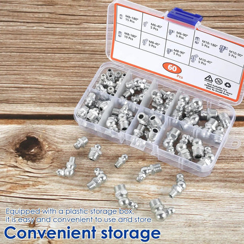 9 Type Galvanized Metal Grease Fittings Kit For Grease Guns Pro Grade Zerk Set M6 M8 M10 45 And 90 Degree Fittings 60pcs displayed