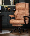 Big And Tall Office Chair With Quiet Wheels Heavy Duty Boss Style Office Chair Extra Wide Seat And Thick Cushions Built In Footrest 90 To 135 Degree Recline Linkage Armrests Brown shown in office setup