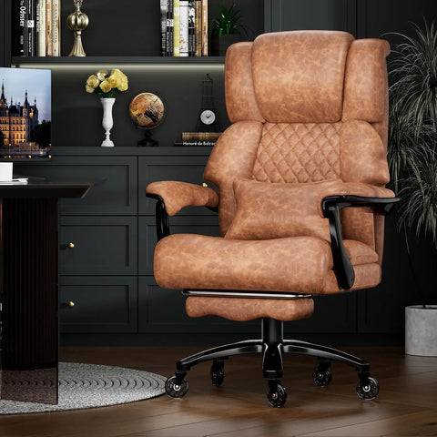 Big And Tall Office Chair With Quiet Wheels Heavy Duty Boss Style Office Chair Extra Wide Seat And Thick Cushions Built In Footrest 90 To 135 Degree Recline Linkage Armrests Brown shown in office setup