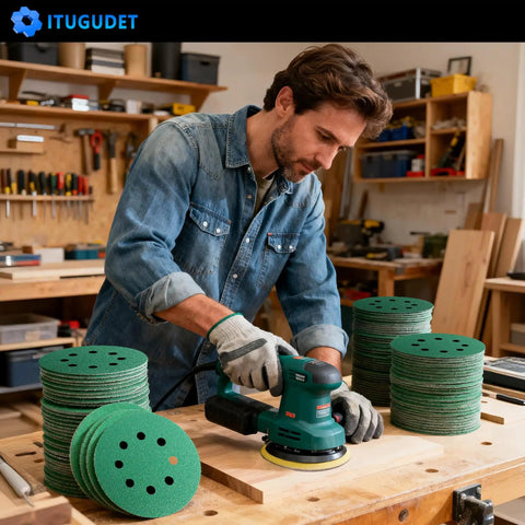 Ditch cheap discs and grab these 50 pc 5-inch sanding discs with 8 holes being used on a wood project with a power sander.