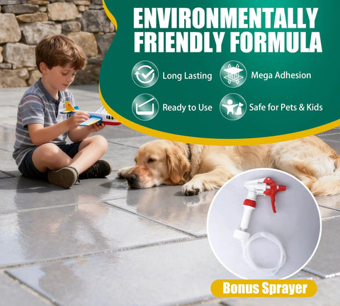 Killer Wet Look Stone and Concrete Sealer 1 Gallon High Gloss Finish in use on patio with child and dog, showcasing eco-friendly formula.