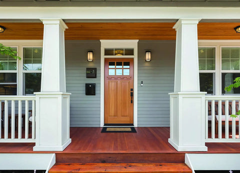 Front porch view with Smart Video Doorbell 1080P HD With Real Time Alerts, Optional 24 Seven Recording, Motion And Sound Detection.