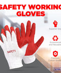 Non Slip Work Gloves For Construction And Garden With Red Latex Cotton And Nitrile Palm Coating Breathable 100 Pair Pack shown on display.