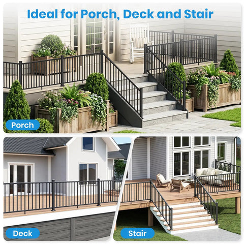 No Sweat Diy Black Aluminum Deck Railing Kit With Clip On Installation on stairs and porches, 36 inch high, 8 foot wide.