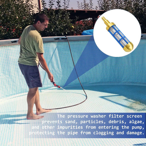 Man using Brass Pressure Washer Inlet Filter For Three Quarter Inch Hoses Water Suction Strainer Keeps Debris Out Of Pump