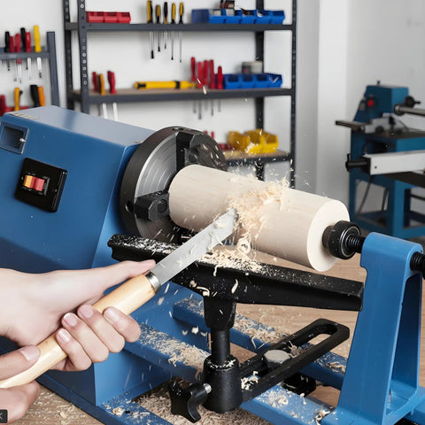 Kickstart Your Woodworking Game With This Smooth Mini Lathe Machine! Featuring 380W Power, 4-Speed Adjustments From 750 To 2150 RPM, And A Split-Type Tool Rest For Precise Turning And Sanding Projects. A close-up of a wood lathe in use, shaping a wooden cylinder.