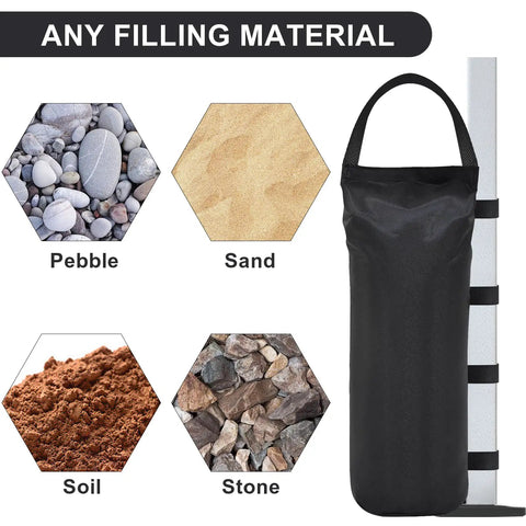 4 Pack 125 Lb Universal Canopy Weights for Instant Shelters, black bag showing pebble, sand, soil, and stone filling materials.