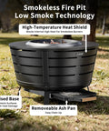 26 Point 5 Inch Smokeless Fire Pit With Stand For Outdoor Hangouts Portable Backyard Bonfire Pit For Patio Camping Includes Removable Ash Pan And Heat Shield Stainless Steel Wood Burning Design. Features raised base and removable ash pan in a lawn setting.