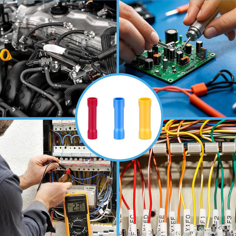 Pro Grade 200Pcs Butt Splice Connectors Kit For 22 10 AWG Wire displayed in automotive and electrical settings