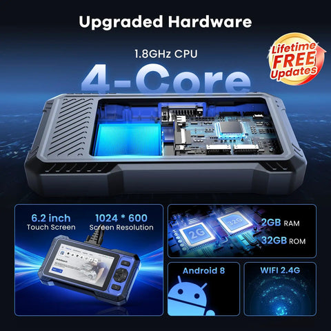 Bidirectional OBD2 Scanner All In One For All Car Systems With 3000 Plus Active Tests Pro Grade Diagnostic Tool showing 4-core CPU