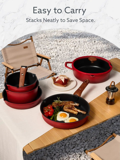 20 Piece Titanium Nonstick Cookware Set With Detachable Handle For Induction Cooking Non Toxic PFOA Free red pans on outdoor table