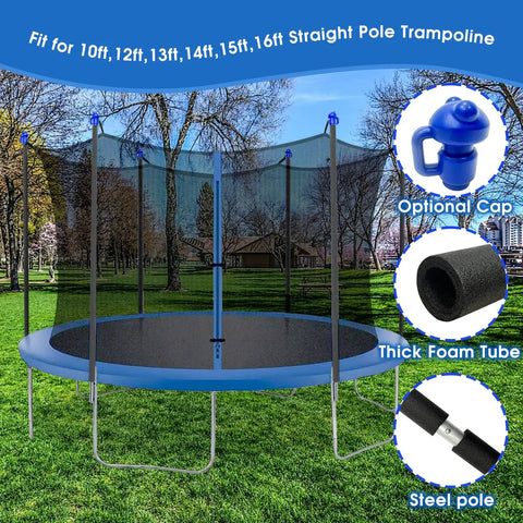 Premium Trampoline Net Poles Replacement Kit Featuring Heavy Duty Foam Padded Straight Uprights With Round Ends Fits 10 Through 16 Foot Spring Beds in park setting.