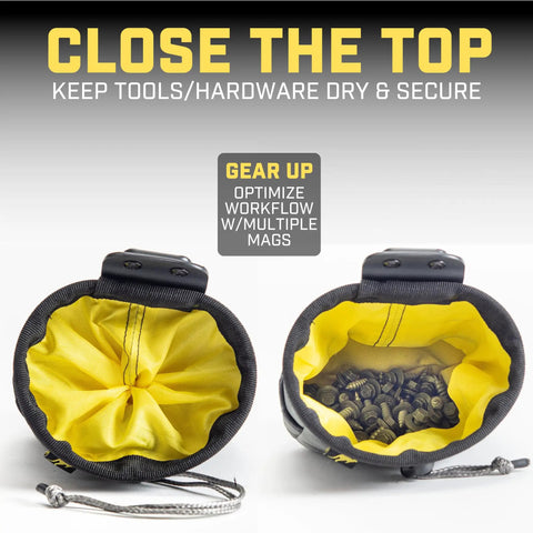 Clip On Tool Belt Pouch With Built In Light For Electricians, HVAC Pros, Plumbers, Carpenters, And Contractors, showing open and closed