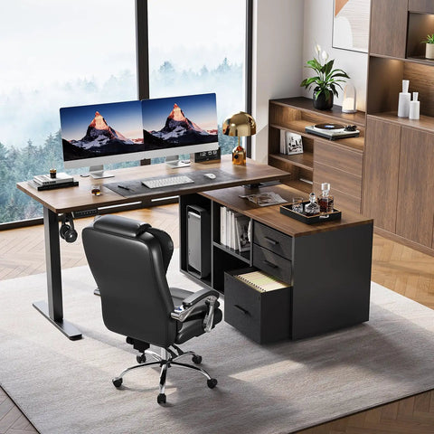 L Shaped Standing Desk With Electric Height Adjustment And Drawers 55 Inch By 23.6 Inch Walnut One Piece Desk Surface Four Memory Presets For Your Dope Home Office Setup And Computer Workstation in modern office