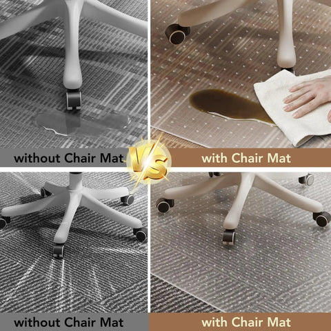 Comparison of chair on carpet with and without Low Pile Carpet Office Chair Mat With Lip 45 Inch By 53 Inch Clear Plastic Floor Protector