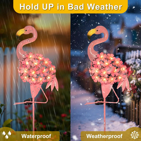 Flamingo Solar Garden Lights 27 LED Warm White Outdoor Stake Light Waterproof for lawn and patio, illuminated in rain and snow