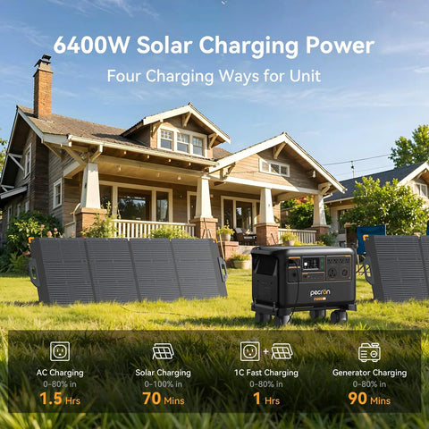Beefy 5120Wh LiFePO4 Solar Power Station with 7200W Pure Sine Wave Inverter in garden with solar panels.