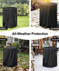 Heavy Duty Water Resistant Fire Pit Cover For Summit 24 Inch Solo Stove showing protection against rain, UV, leaves, and snow.