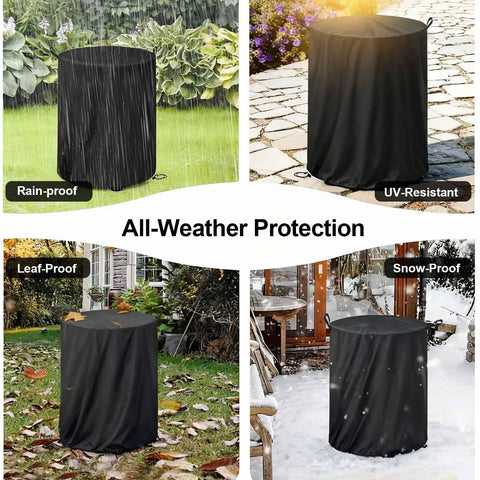 Heavy Duty Water Resistant Fire Pit Cover For Summit 24 Inch Solo Stove showing protection against rain, UV, leaves, and snow.