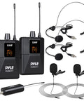 Dual UHF Wireless Microphone System Kit with beltpack transmitters, headset and lavalier mics, receiver, for clear vocal reproduction