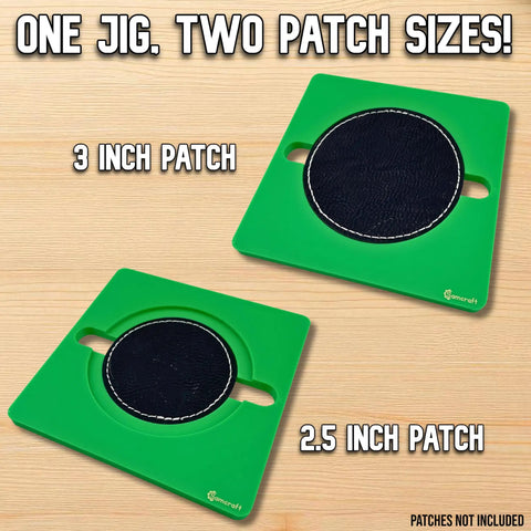 Round Patch Jig For XTool F1 Engraving displayed with 2.5 and 3 inch leatherette patches for precise centering on wood surface.