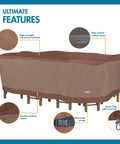 Tough As Nails All Weather Waterproof Patio Table And Chair Cover For Rectangular Or Oval Tables Up To 107 Inches Fits Six Chairs With Elastic Hem And Click Close Buckles Durable Taped Seams Two Year Warranty shown protecting furniture with details highlighted