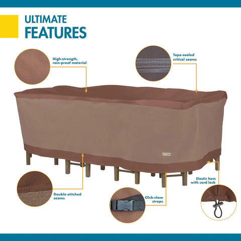 Tough As Nails All Weather Waterproof Patio Table And Chair Cover For Rectangular Or Oval Tables Up To 107 Inches Fits Six Chairs With Elastic Hem And Click Close Buckles Durable Taped Seams Two Year Warranty shown protecting furniture with details highlighted