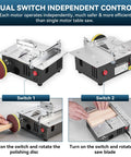 Compact Mini Table Saw Featuring Game Changing Dual Motor Safety Switches, showing independent switch control for polishing and cutting.