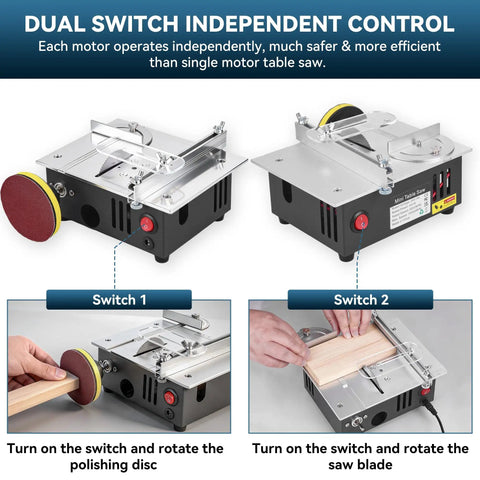 Compact Mini Table Saw Featuring Game Changing Dual Motor Safety Switches, showing independent switch control for polishing and cutting.