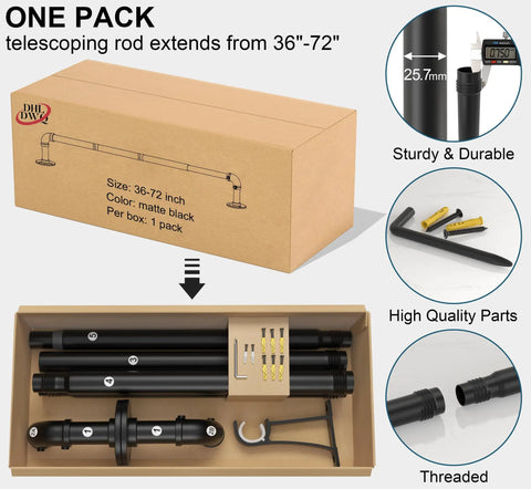 Beefy Black Curtain Rods For Windows 66 To 120 Inches, Industrial 1 Inch Rustic Pipe Wrap Around Rods With Adjustable 72-144 Inch Length, packaging and components