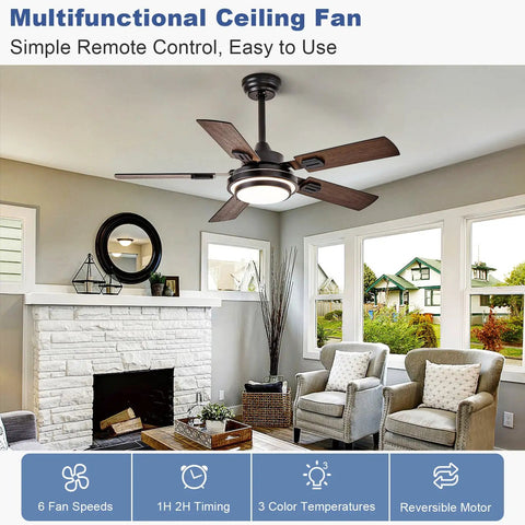 Top Shelf 42 Inch Ceiling Fan With Led Light And Smooth Quiet Motor Reversible Walnut Blades Remote Control Operation Indoor Outdoor Patio Decor Straight Up Farmhouse Vibes For Your Living Space in a modern living room.