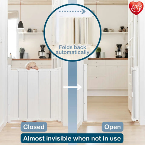Auto Retractable Stair Gate for Doorways and Stairs, Fits 21.7 to 32.3 Inch Openings, white safety gate shown closed and open