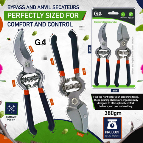 Two-Piece Garden Pruner Set With Bypass And Anvil Heads For Green Stems And Tough Wood, Heavy Duty Carbon Steel Blades And Ergonomic Handles, Precision Cuts Every Time, A Real DIY Yard Must-Have, 26cm pruning shears