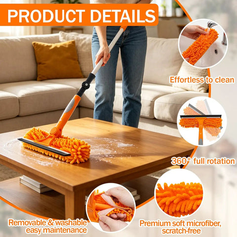 All In One High Ceiling Duster Replacement Heads Kit Fits Standard Threaded Poles With Swivel Joint For Easy Dusting Cobweb Cleaner Ceiling Fan Dust Brush Window Squeegee Microfiber Feather Duster Head No Fuss Quick Change Design microfiber window squeegee on floor