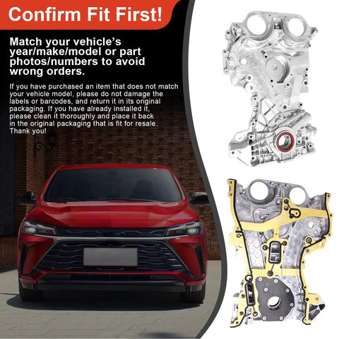 Red car front view, Oil Pump Assembly And Timing Chain Cover With Gasket For Chevy Cruze 2011 2015 Sonic 2012 2020 Trax 2013 2021 Buick Encore 1.4L 2013 2021 Replaces OE 25199424