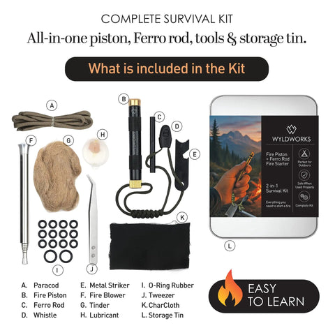 2 In 1 Fire Piston And Ferro Rod Starter Kit For Campfires Must Have Survival Gear Easy Fire Starting Piston Compression Starter Tool Outdoor Adventure Gift For Men, components shown with storage tin