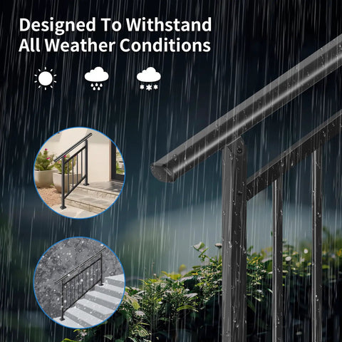 Top Tier Adjustable 5 Step Handrail Kit Straight Up Safety Driven Fence Style Stair Railing For Indoor Outdoor Porch Deck Steps Heavy Duty Build Zero Fuss Assembly 63 By 38 in rainy weather showcasing durability.