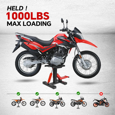 Beefy 1000 Lbs Hydraulic Dirt Bike Lift Stand With Removable Tool Tray, lifting a red and black motorcycle, 1000 lbs capacity visible
