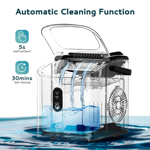 Front view of EUHOMY countertop ice maker in clear housing with lid open, showing water reservoir and control panel.