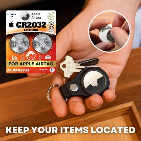 Premium 2 Pack CR2032 Battery Top Shelf Replacement For Apple AirTag with Panasonic cells for reliable tracking.