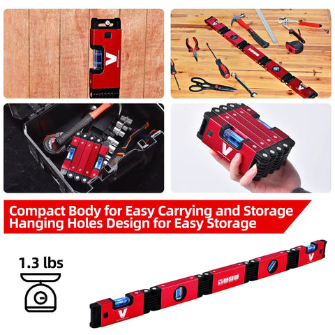 Foldable 28 Inch Magnetic Level With 45 90 180 Bubble Angles, Pro Grade Hinged Measuring Tool in various uses and compact storage