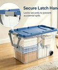 2 Pack 160 Quart Heavy Duty Rolling Storage Bins With Clear Transparent Walls And Tough Latching Lids For Smooth Glide Action, featuring secure latch handle.