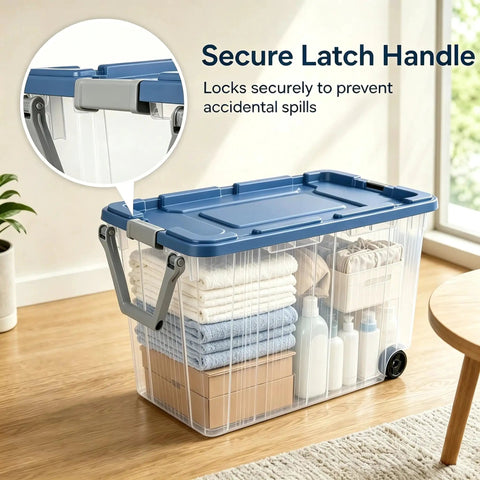 2 Pack 160 Quart Heavy Duty Rolling Storage Bins With Clear Transparent Walls And Tough Latching Lids For Smooth Glide Action, featuring secure latch handle.