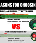 Comparison of GiMiYaa high quality 7-foot wrinkle-free putting mat vs 4-foot inferior mat with wrinkles, humps.
