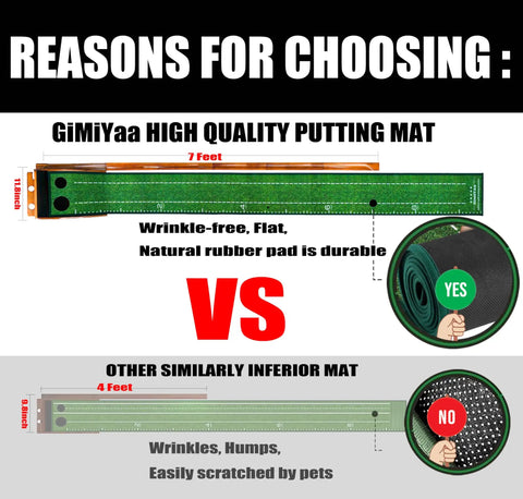 Comparison of GiMiYaa high quality 7-foot wrinkle-free putting mat vs 4-foot inferior mat with wrinkles, humps.