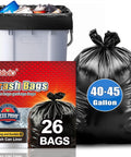 Black Trash Bags 40 45 Gallon 26 Count All Purpose Garbage Sacks offering a tight fold over handle in use with trash can.
