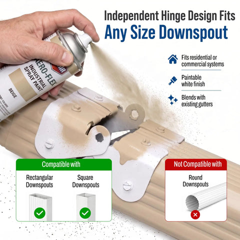 Flip Up Downspout Gutter Hinge For No Sweat Lawn Care And Smooth Yard Clearance White Durable Rain Water Drainage extension clip shown with spray paint and instructions.