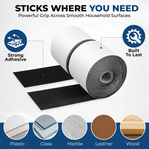 Rock Solid Heavy Duty Hook And Loop Tape Black Self Adhesive Fastener Strips shown on smooth surfaces for versatile application.